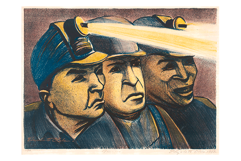 Lithograph depicting three miners wearing headlamps
