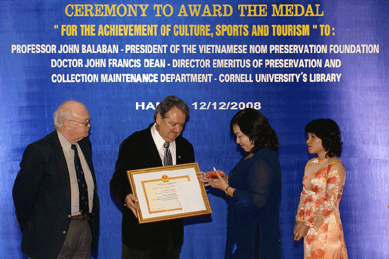 John Balaban being honored by the Ministry of Culture of Vietnam in 2008